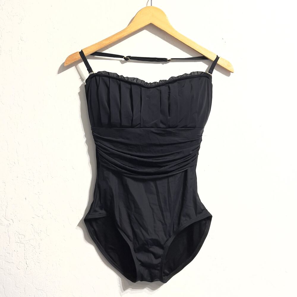 Spanx Bathing Suit Sz 8 Halter Swim Suit Ruffle Pleats Slimming Shaping Black